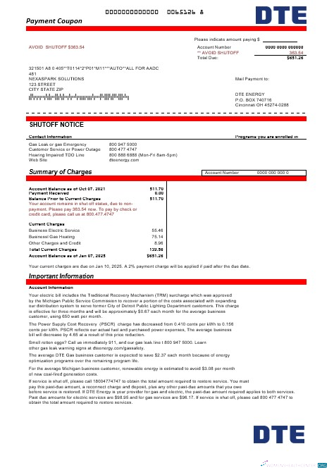 Download USA Michigan DTE Energy business utility bill template in Word and PDF formats Photoshop template